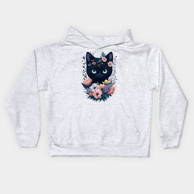 Charming Black Cat with Flowers Kids Hoodie by Stylish Dzign